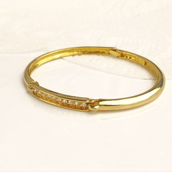 Bright Gold Plated Minimalist Crystal Hinged Bangle Bracelet - Picture 1 of 7